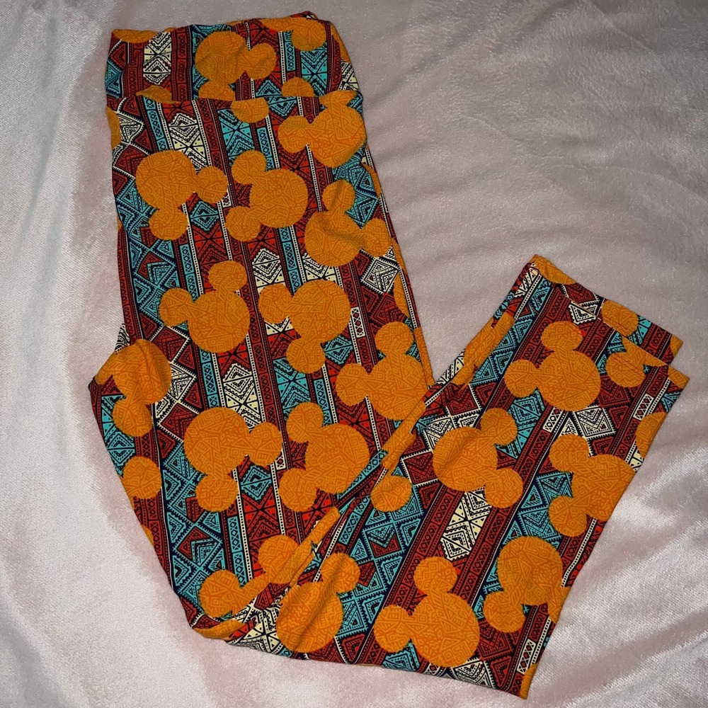 LuLaRoe Disney Mickey Mouse Leggings Tall & Curvy Orange Teal Tribal Geometric